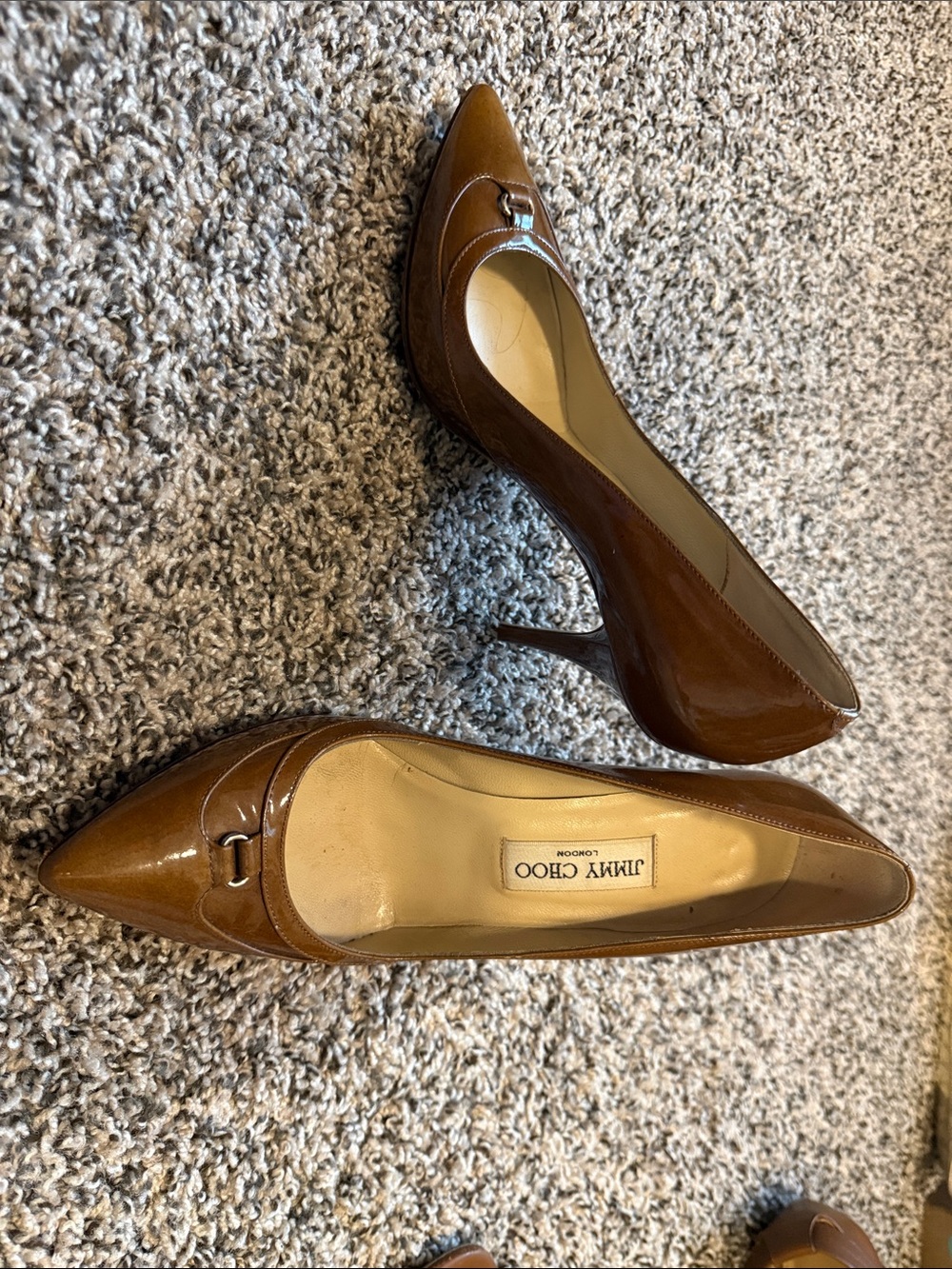 Jimmy Choo Brown Patent Leather Pointed Toe Pumps with Metal Bit